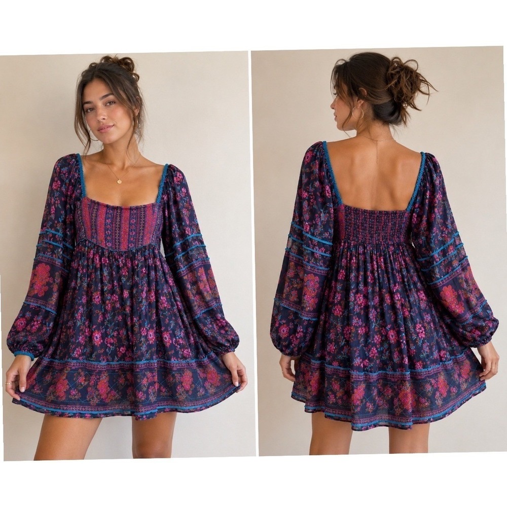 Free People Flower Fields Mini Dress Navy Floral Boho Babydoll XS Smocked Back